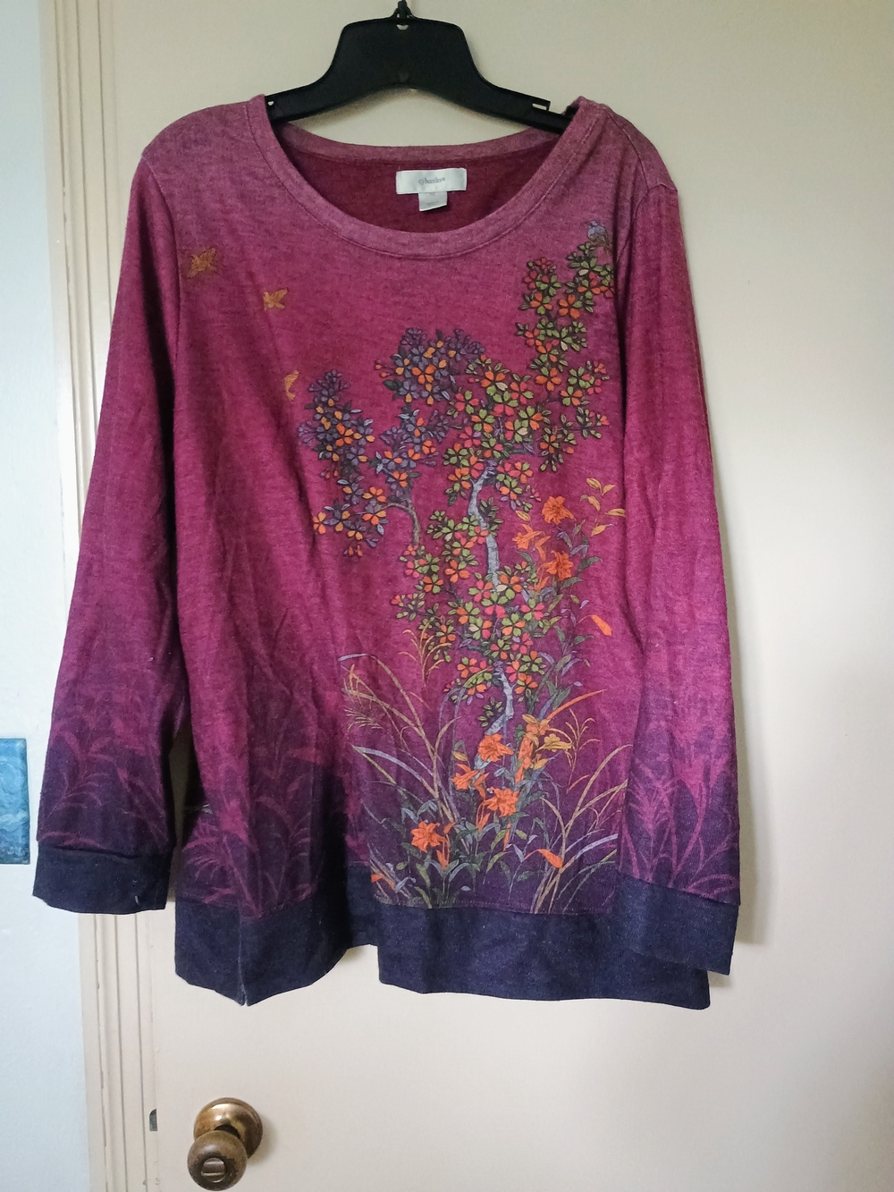 CJ Banks Floral Print Long-Sleeve Scoop Neck Sweater - Magenta, Purple, Orange